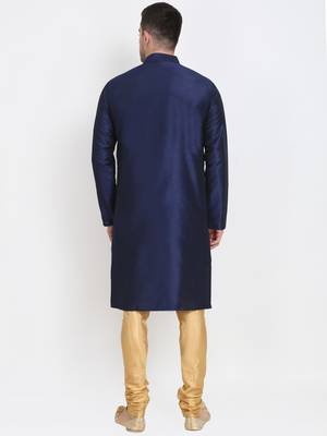 Men's raw silk navy blue kurta with gold churidar set 3