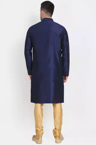 Men's raw silk navy blue kurta with gold churidar set