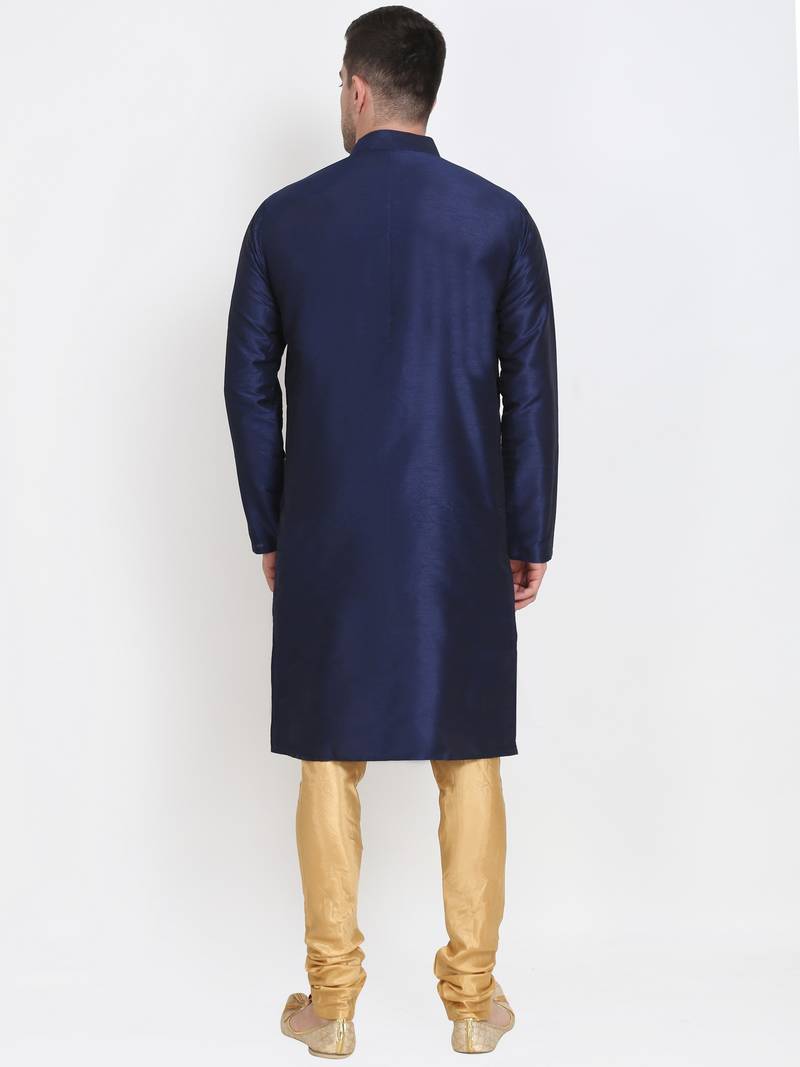 Men's raw silk navy blue kurta with gold churidar set