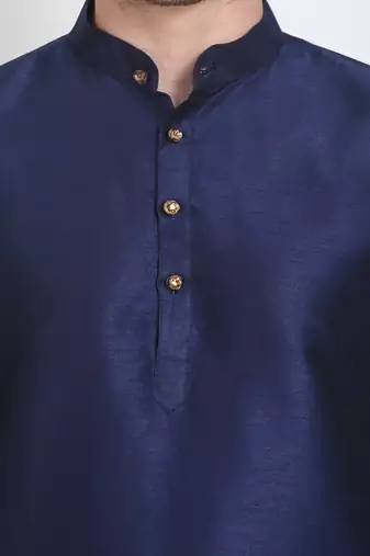 Men's raw silk navy blue kurta with gold churidar set