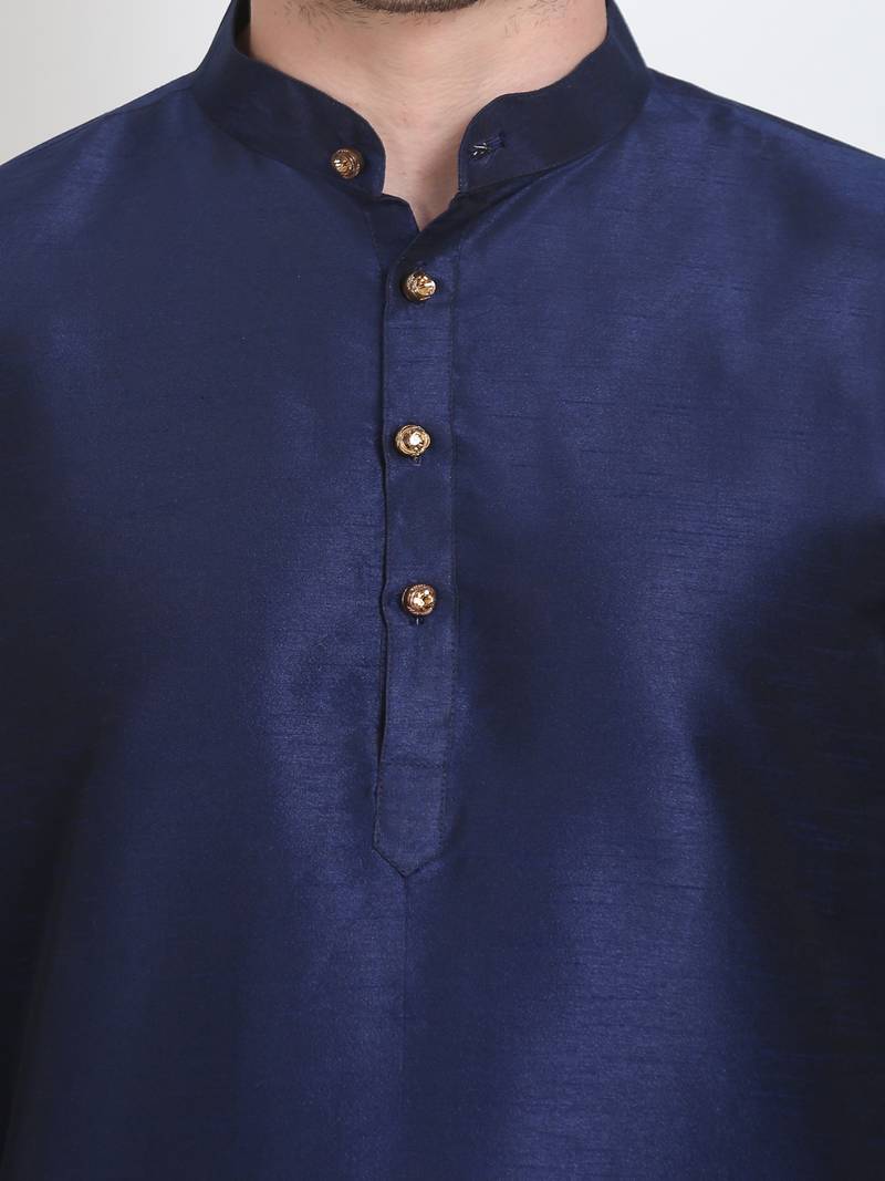 Men's raw silk navy blue kurta with gold churidar set