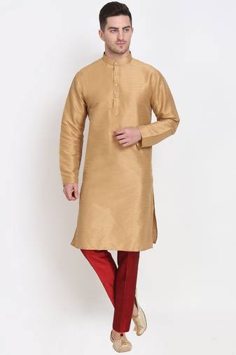 Men's raw silk golden kurta with maroon pant set
