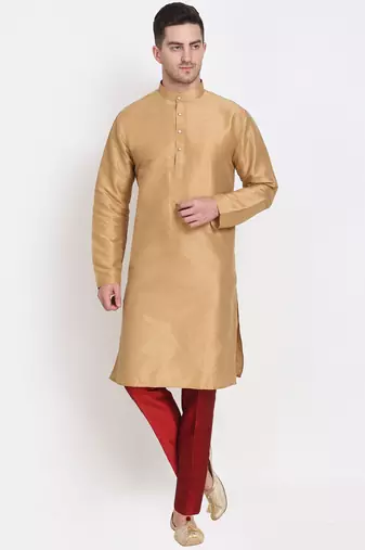 Men's raw silk golden kurta with maroon pant set