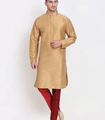Men's raw silk golden kurta with maroon pant set