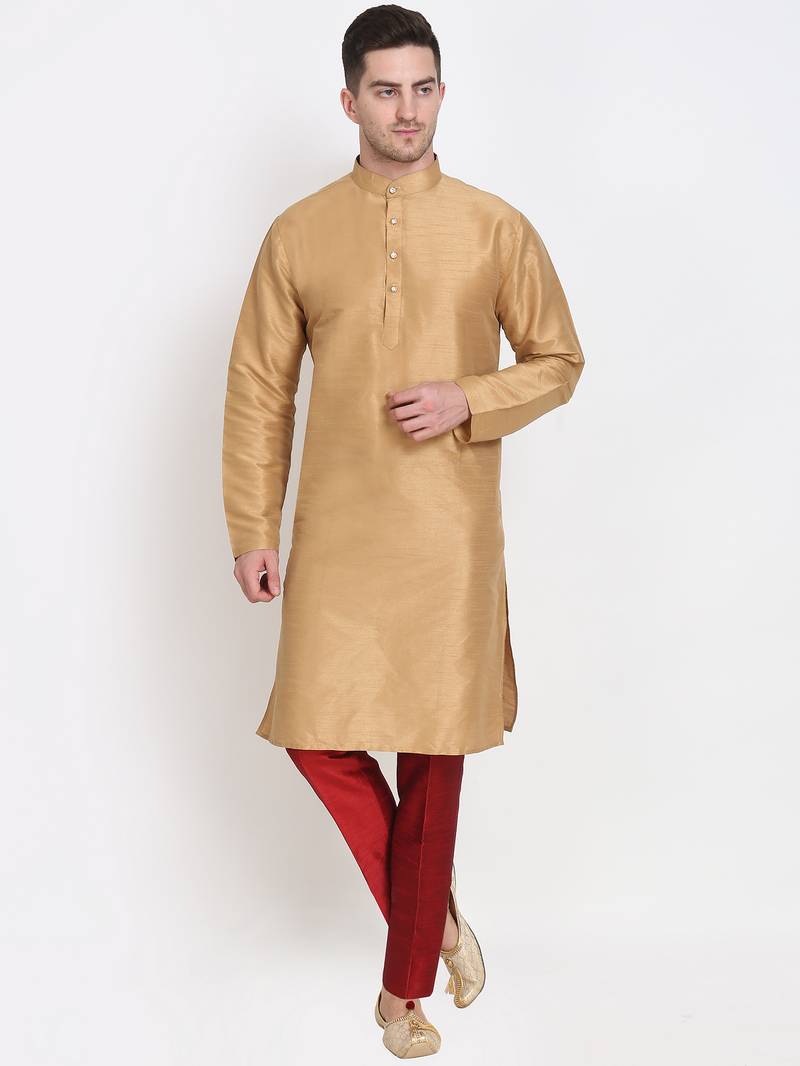 Men's raw silk golden kurta with maroon pant set