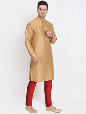 Men's raw silk golden kurta with maroon pant set 2