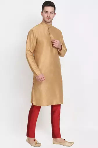 Men's raw silk golden kurta with maroon pant set
