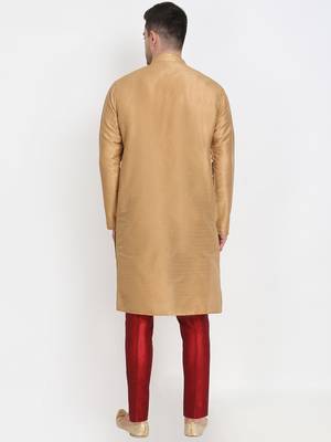 Men's raw silk golden kurta with maroon pant set 3