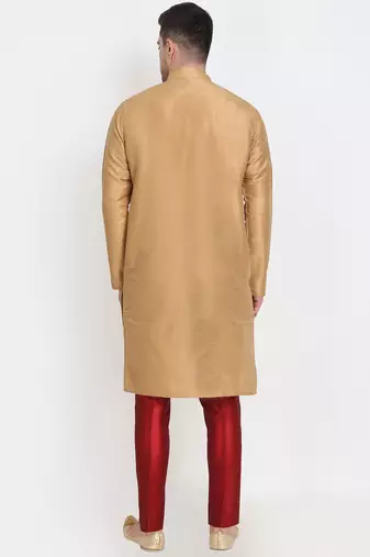 Men's raw silk golden kurta with maroon pant set