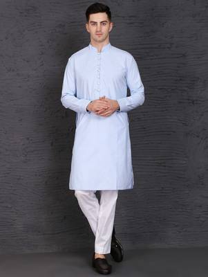 Men's sky blue cotton kurta with pant set 1