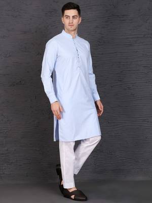 Men's sky blue cotton kurta with pant set 2