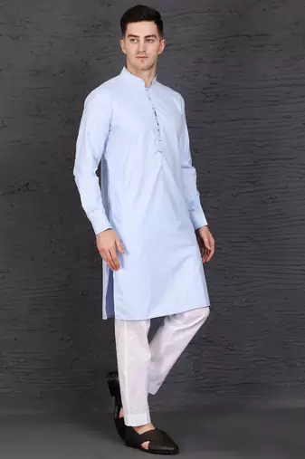Men's sky blue cotton kurta with pant set