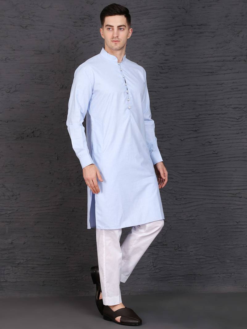 Men's sky blue cotton kurta with pant set