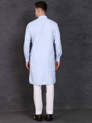 Men's sky blue cotton kurta with pant set 3