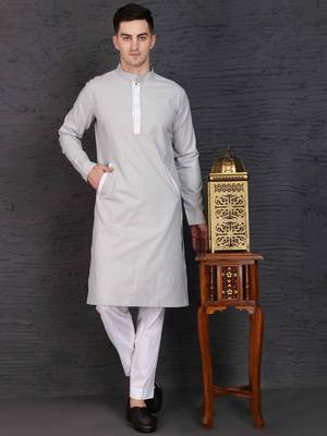 Men's light grey cotton kurta with pant set 1