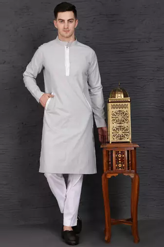 Men's light grey cotton kurta with pant set