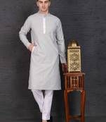 Men's light grey cotton kurta with pant set