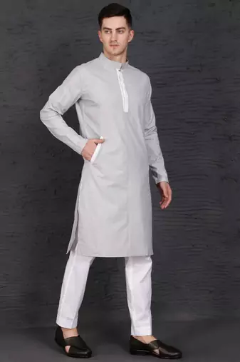 Men's light grey cotton kurta with pant set