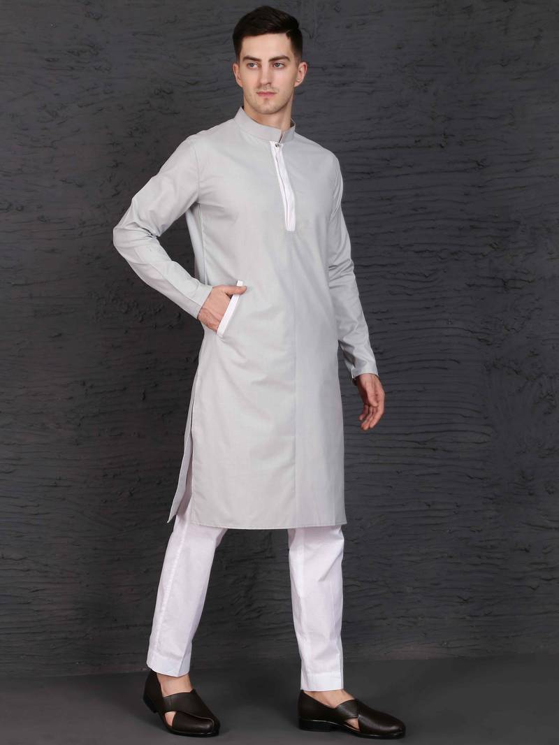 Men's light grey cotton kurta with pant set