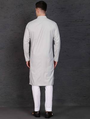 Men's light grey cotton kurta with pant set 3