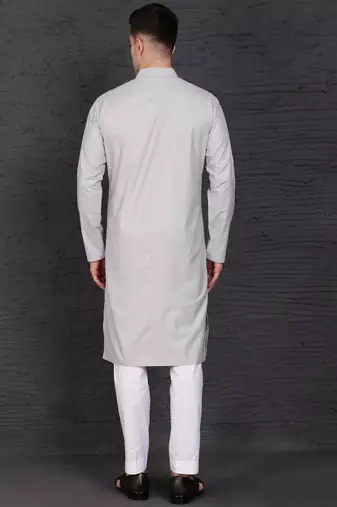 Men's light grey cotton kurta with pant set