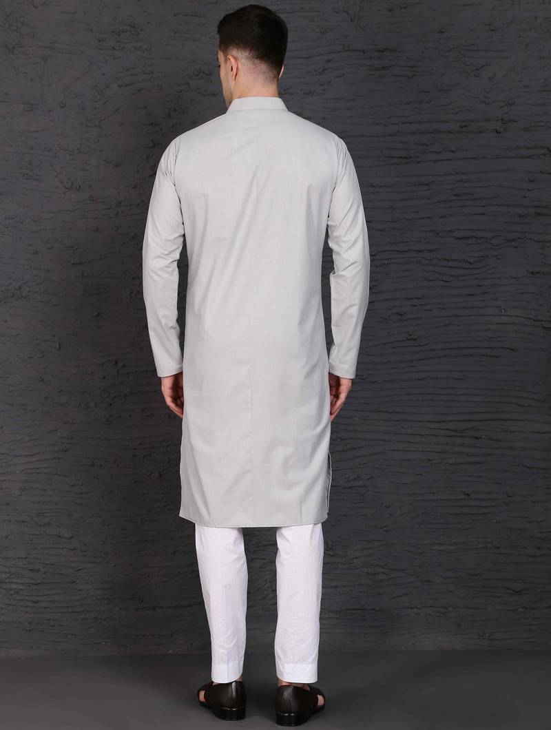 Men's light grey cotton kurta with pant set