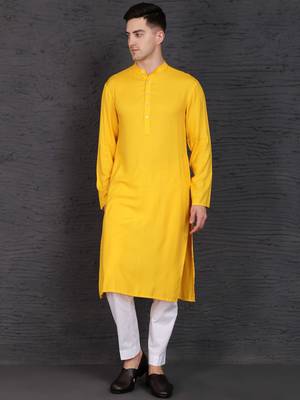 Men's yellow cotton kurta with pant set 1