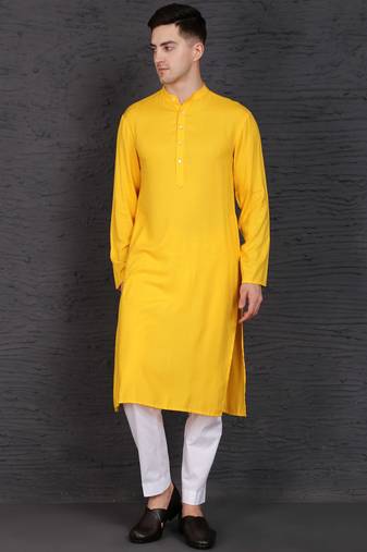 Men's yellow cotton kurta with pant set