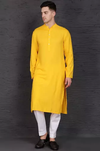 Men's yellow cotton kurta with pant set