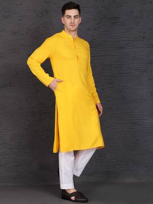 Men's yellow cotton kurta with pant set 2