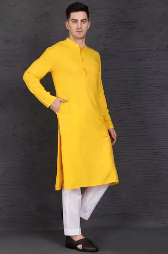 Men's yellow cotton kurta with pant set