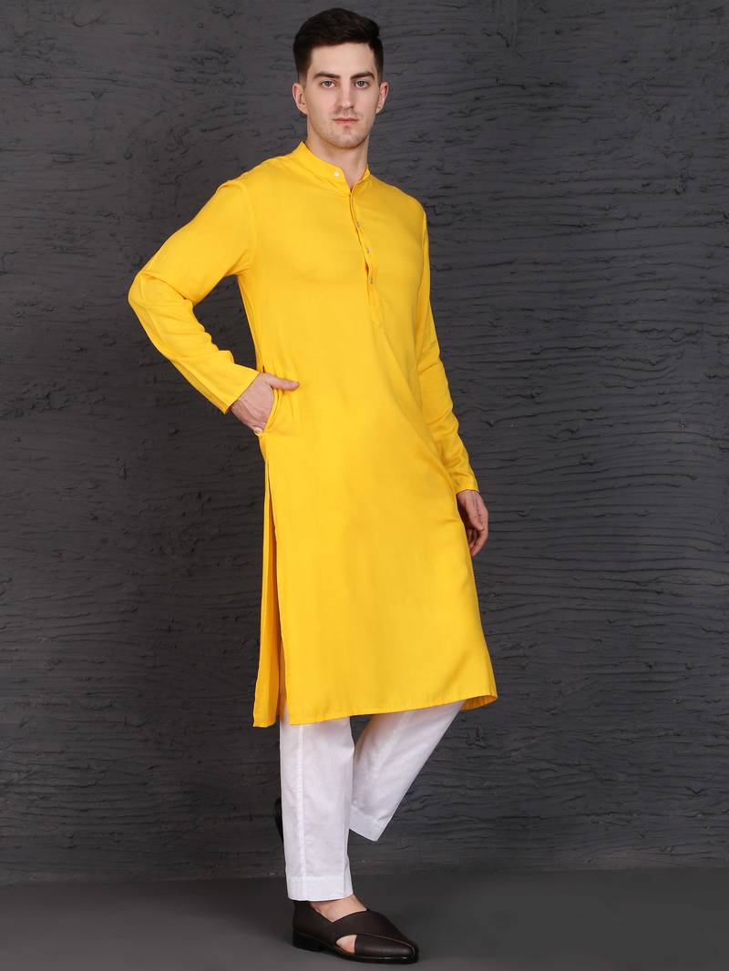 Men's yellow cotton kurta with pant set