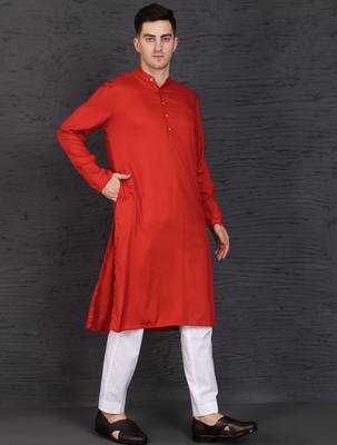 Men's red cotton kurta with pant set 1