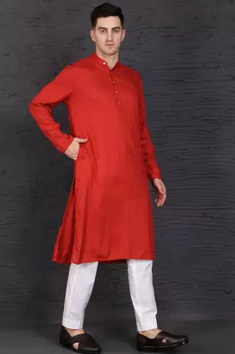 Men's red cotton kurta with pant set
