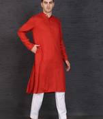 Men's red cotton kurta with pant set