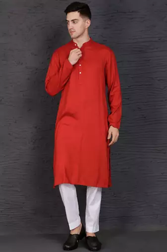 Men's red cotton kurta with pant set