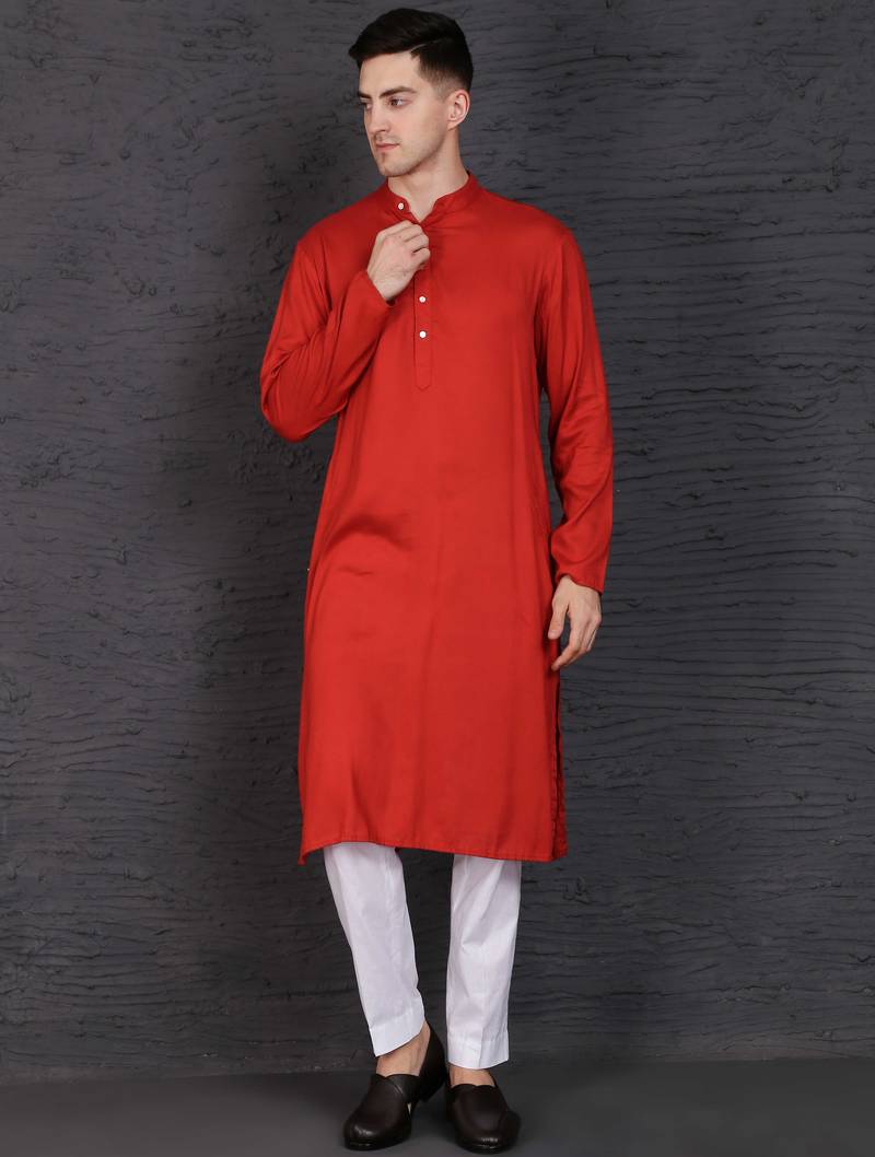 Men's red cotton kurta with pant set
