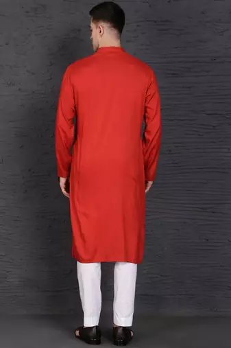 Men's red cotton kurta with pant set