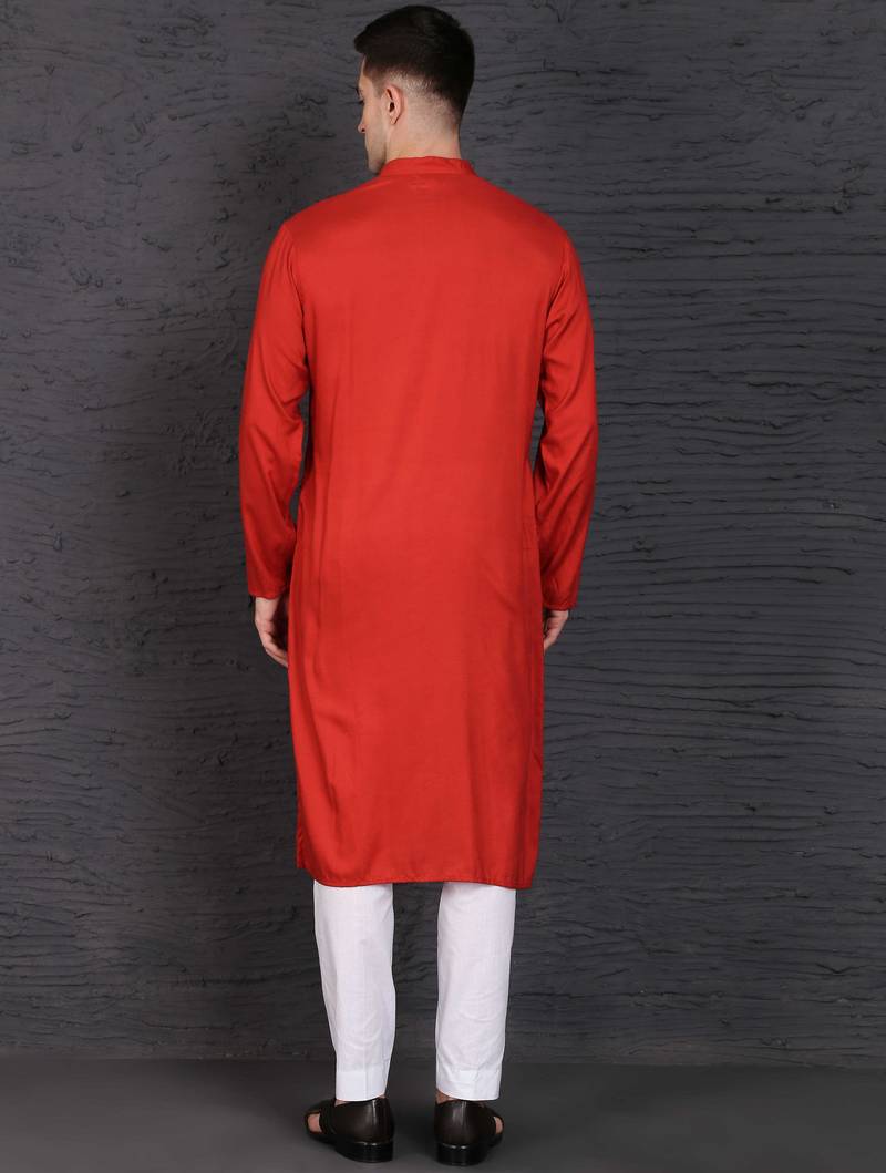 Men's red cotton kurta with pant set