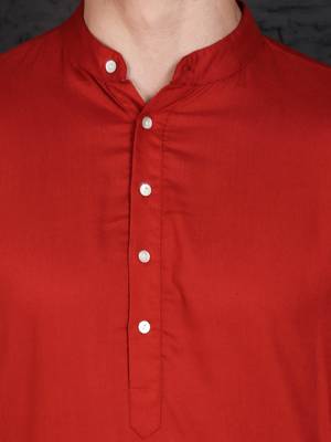 Men's red cotton kurta with pant set 4