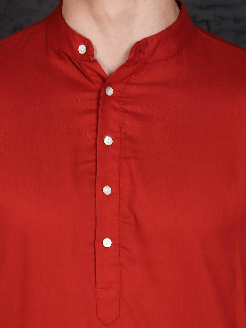 Men's red cotton kurta with pant set