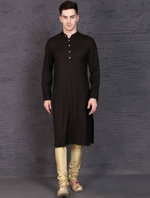 Men's black rayon kurta with golden churidar set 1