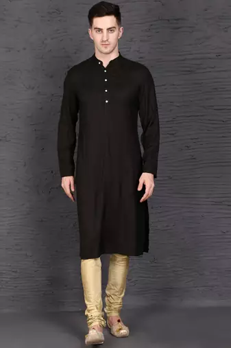 Men's black rayon kurta with golden churidar set