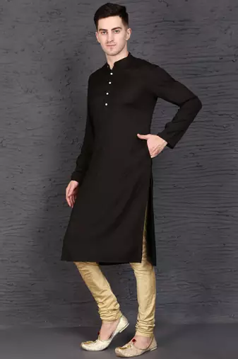 Men's black rayon kurta with golden churidar set