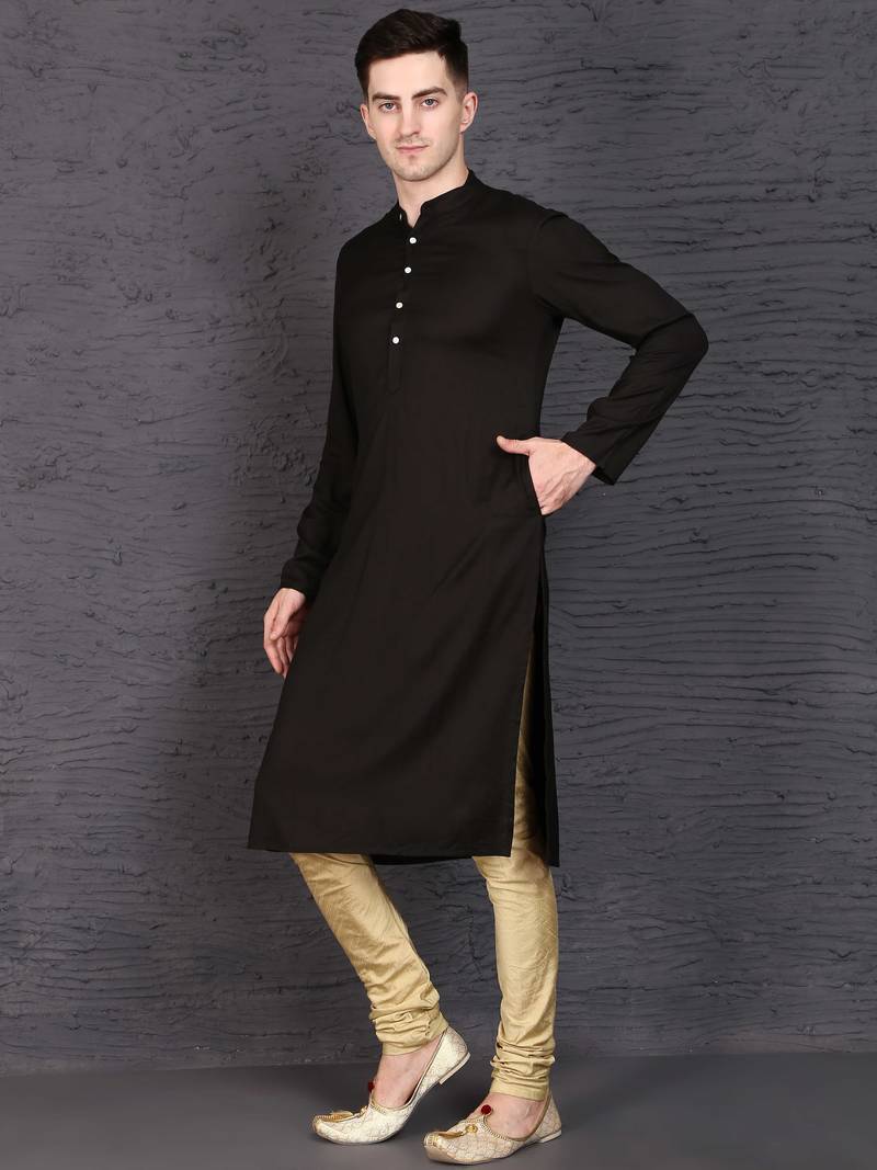 Men's black rayon kurta with golden churidar set