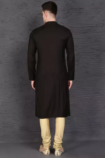 Men's black rayon kurta with golden churidar set