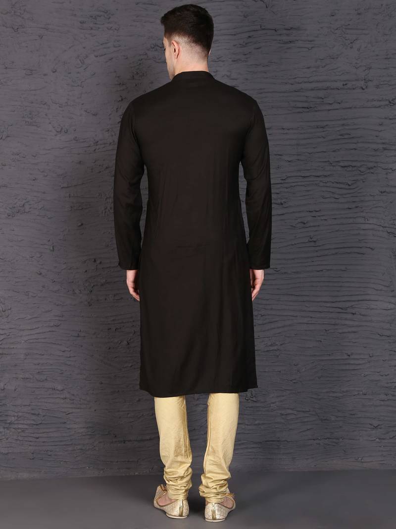 Men's black rayon kurta with golden churidar set