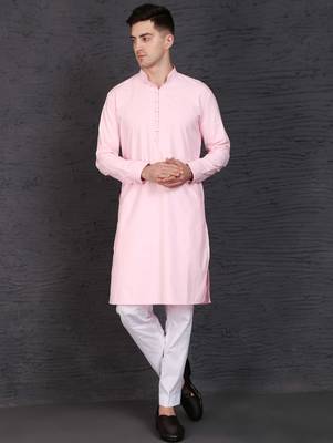 Men's pink cotton kurta with pant set 1