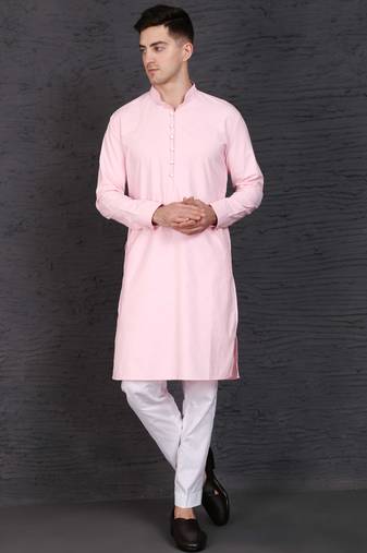 Men's pink cotton kurta with pant set