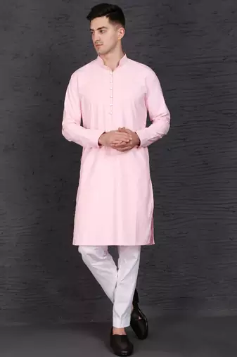 Men's pink cotton kurta with pant set